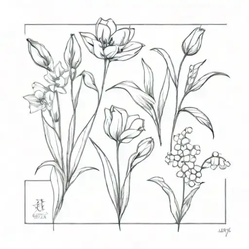 tulip, daisy, snowdrop and lily of the valley fine line  tattoo design idea