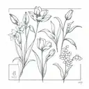 tulip, daisy, snowdrop and lily of the valley fine line  tattoo design idea