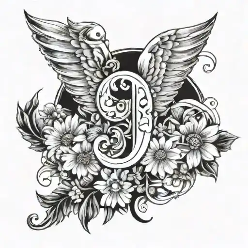 Letter J Angel Wings Chamomile tattoo design idea
