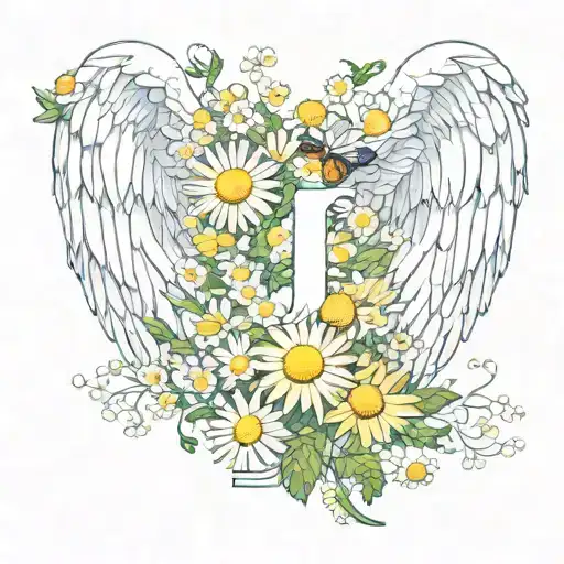 Letter J Angel Wings Chamomile tattoo design idea