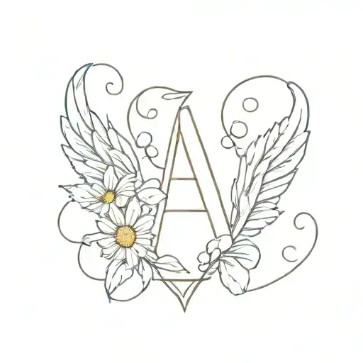Diamond Letter J Angel Wings Chamomile tattoo design idea