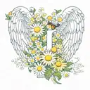 Letter J Angel Wings Chamomile tattoo design idea