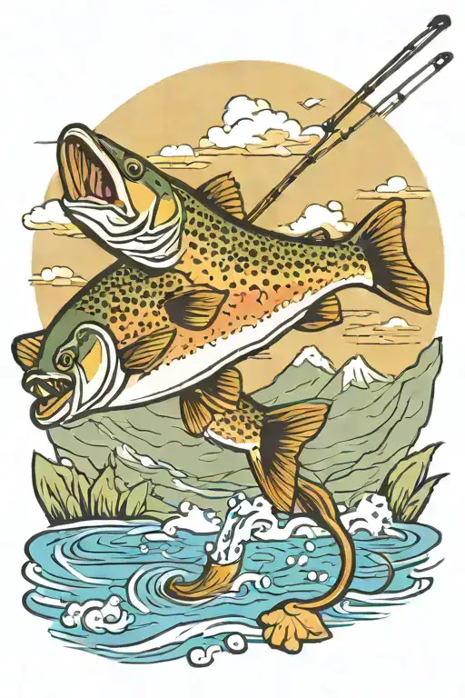 fly fishing rod with a brown trout jumping out of the river and playing guitar with mountains in the background  tattoo design idea