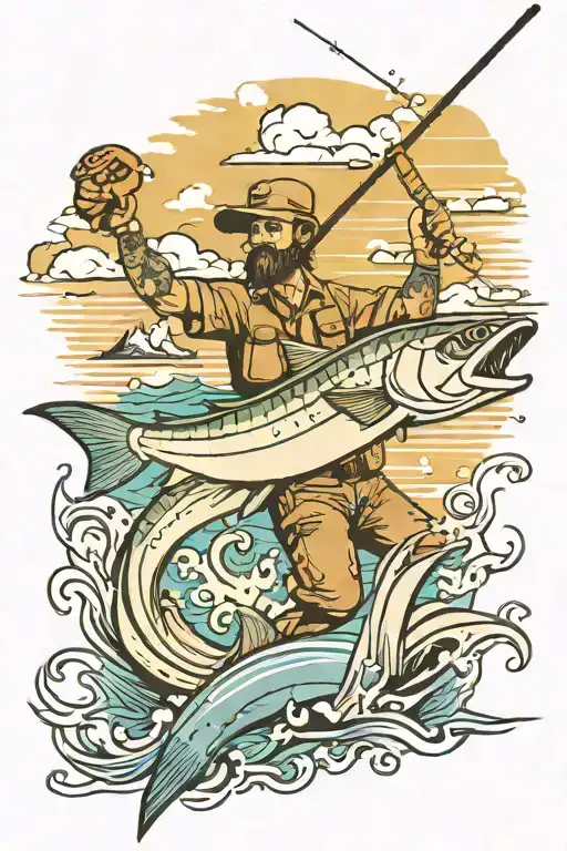 fly fishing rod with a tarpon jumping out of the sea playing guitar and mountains in the background  tattoo design idea