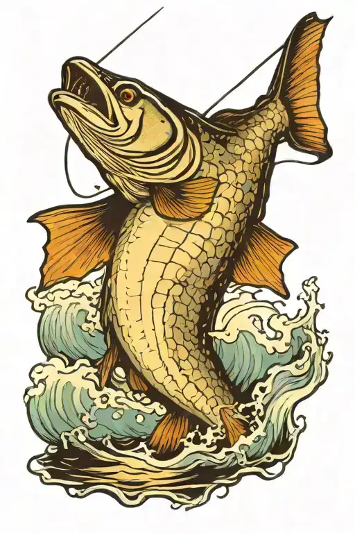 small boat ocean saltwater fly rod tarpon jumping out of the water mountains in the background tattoo design idea