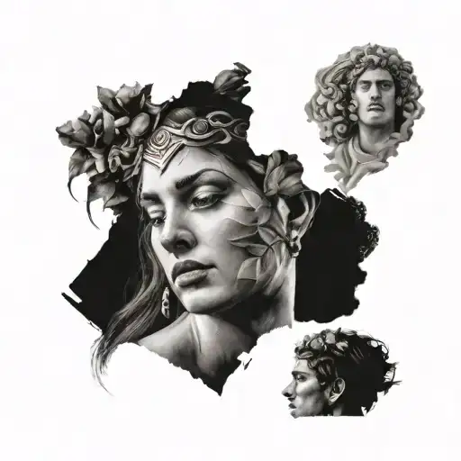 double exposure woman face and greek gods tattoo design idea