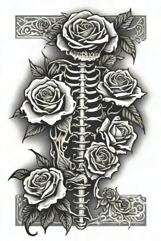 spine bones with roses tattoo design idea