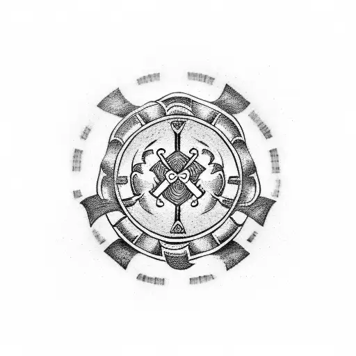 A dotwork tattoo featuring a Viking shield with crossed guns and a banner with the phrase 'Warrior for life' tattoo design idea