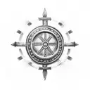 A dotwork tattoo featuring a Viking shield with crossed guns and a banner with the phrase 'Warrior for life' tattoo design idea