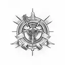 A dotwork tattoo featuring a Viking shield with crossed guns and a banner with the phrase 'Warrior for life' tattoo design idea