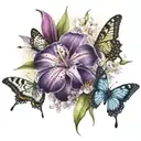Peruvian lilies, cherry blossoms, purple ribbon, butterflies tattoo design idea