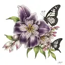 Peruvian lilies, cherry blossoms, purple ribbon, butterflies tattoo design idea