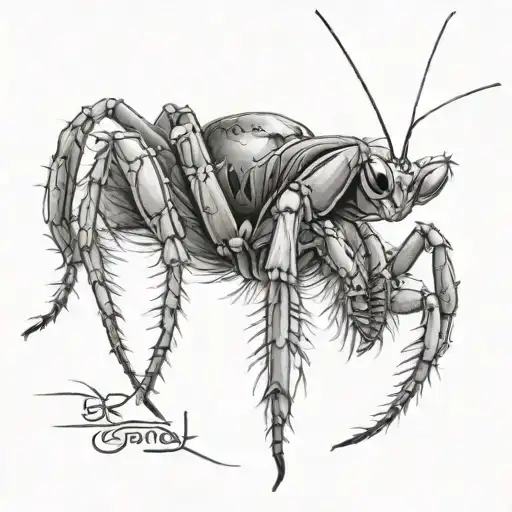 A realistic portrait of a spider eating a praying mantis tattoo design idea