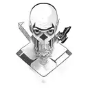 a man fighting off 3 dark figueres with a weapon representing knowlage tattoo design idea