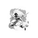 a man fighting off 3 dark figueres with a weapon representing knowlage tattoo design idea