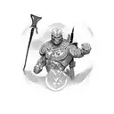 a man fighting off 3 dark figueres with a weapon representing knowlage tattoo design idea