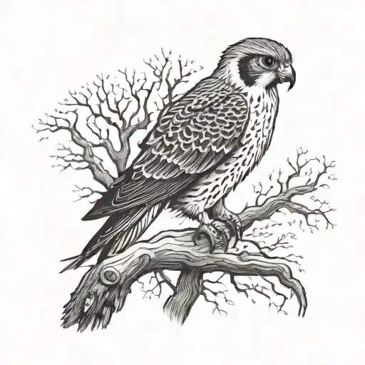 A falcon and a tree trunk and the root of an eye tree in the middle of the heart tattoo design idea