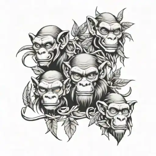A collage of Hear no evil speak no evil see no evil monkeys wearing Kabuki masks, surrounded by fishing hooks and cannabis leaves tattoo design idea