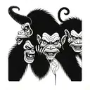 A collage of Hear no evil speak no evil see no evil monkeys wearing Kabuki masks, surrounded by fishing hooks and cannabis leaves tattoo design idea