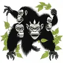 A collage of Hear no evil speak no evil see no evil monkeys wearing Kabuki masks, surrounded by fishing hooks and cannabis leaves tattoo design idea