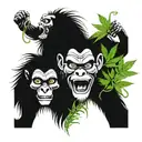 A collage of Hear no evil speak no evil see no evil monkeys wearing Kabuki masks, surrounded by fishing hooks and cannabis leaves tattoo design idea