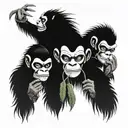 A collage of Hear no evil speak no evil see no evil monkeys wearing Kabuki masks, surrounded by fishing hooks and cannabis leaves tattoo design idea