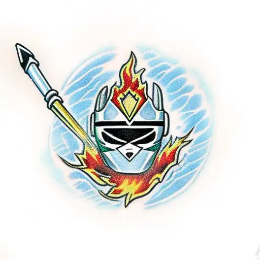A traditional-style power ranger morpher engulfed in flames tattoo design idea