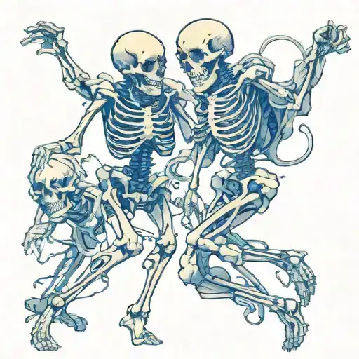 full body skeletons dancing hand in hand around something  tattoo design idea