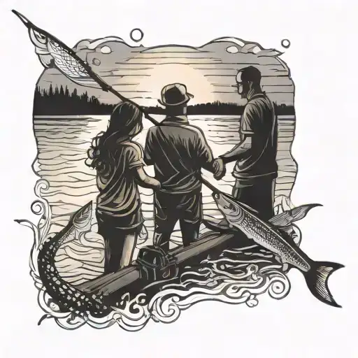 dad and 3 daughters fishing sunset tattoo design idea