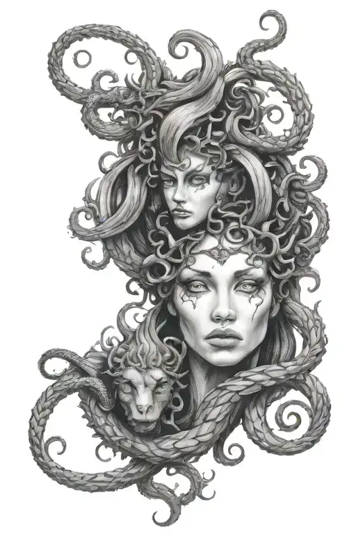 Lilith and Medusa faces in one with diagonal line from chatered glass  tattoo design idea