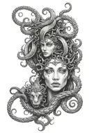 Lilith and Medusa faces in one with diagonal line from chatered glass  tattoo design idea