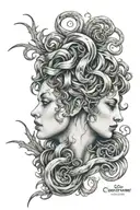 Lilith and Medusa faces in one with diagonal line from chatered glass  tattoo design idea