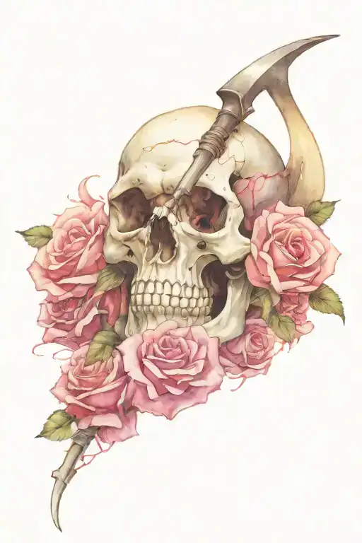 skull with rose coming out of it with a scythe next to it tattoo design idea
