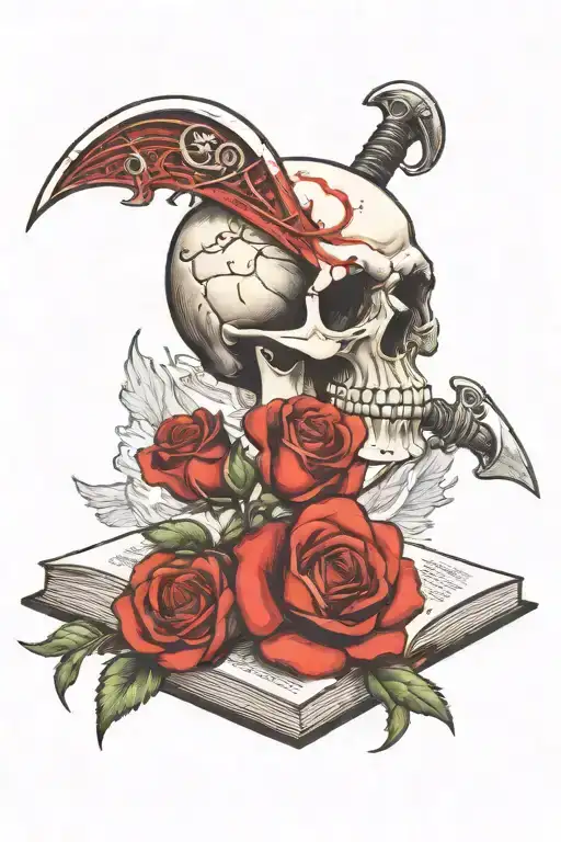 skull with rose coming out of eye socket with scythe behind it, all of it sitting on an open book tattoo design idea
