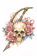 skull with rose coming out of it with a scythe next to it tattoo design idea