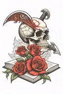 skull with rose coming out of eye socket with scythe behind it, all of it sitting on an open book tattoo design idea