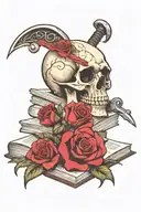 skull with rose coming out of eye socket with scythe behind it, all of it sitting on an open book tattoo design idea