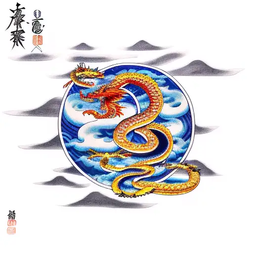 serpent Dragon flying out of water with a blood moon behind it tattoo design idea