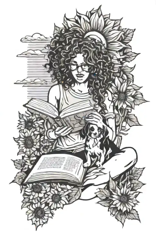 beagle sunflower curly hair girl reading book on sunset beach  tattoo design idea