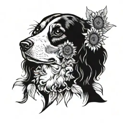 beagle sunflower curly hair girl sitting together tattoo design idea