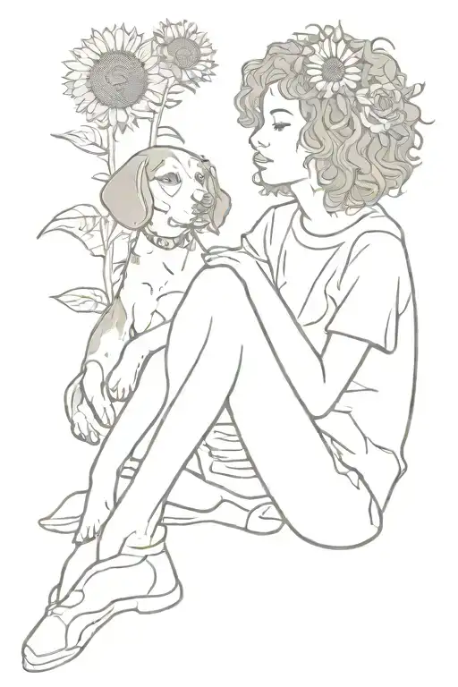 beagle sunflower curly hair girl sitting together tattoo design idea