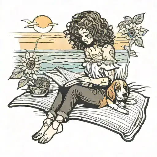 beagle sunflower curly hair girl reading book on sunset beach  tattoo design idea
