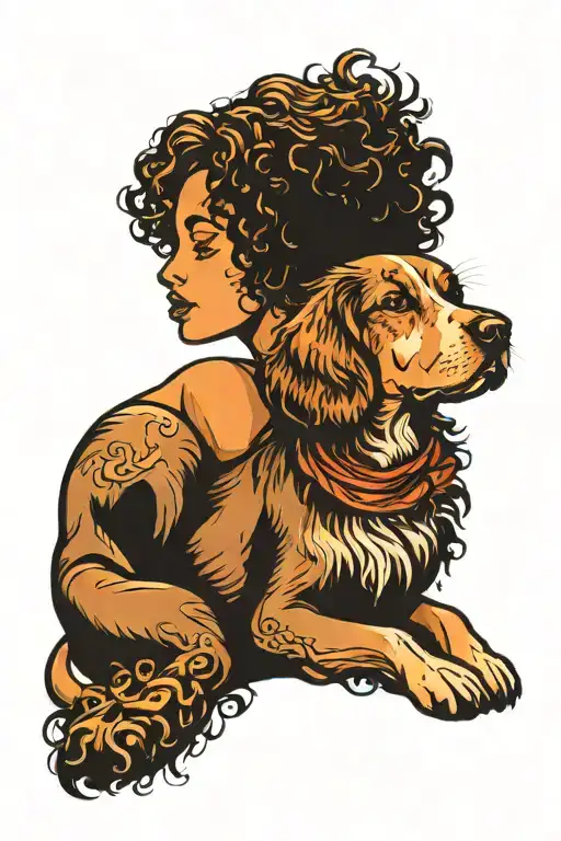 dog beagle sleeping with curly hair girl sitting in a beach sunset  tattoo design idea