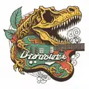 dinosaur skull Guitar, rubix cube, skateboard, knife, alligator stuffed animal tattoo design idea