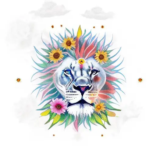 Lily flowers and 3 tiny red-eyed tree frogs lion's face with sunflowers stars and Leo constellation  tattoo design idea