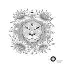 Lily flowers and 3 tiny red-eyed tree frogs lion's face with sunflowers stars and Leo constellation  tattoo design idea