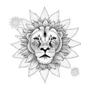 Lily flowers and 3 tiny red-eyed tree frogs lion's face with sunflowers stars and Leo constellation  tattoo design idea
