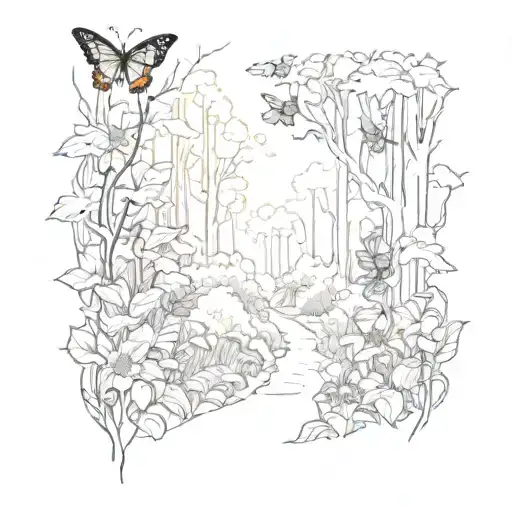 A trail winding through a forest with hidden sunflowers and butterflies along the way tattoo design idea