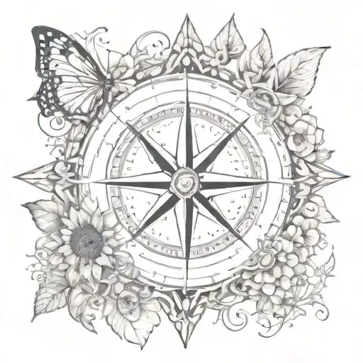 A compass rose surrounded by intricate butterfly and sunflower patterns tattoo design idea