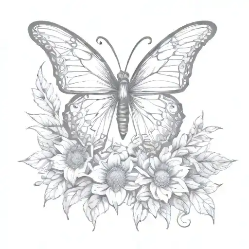 tribal butterfly in front of a knife surrounded with sun flowers tattoo design idea